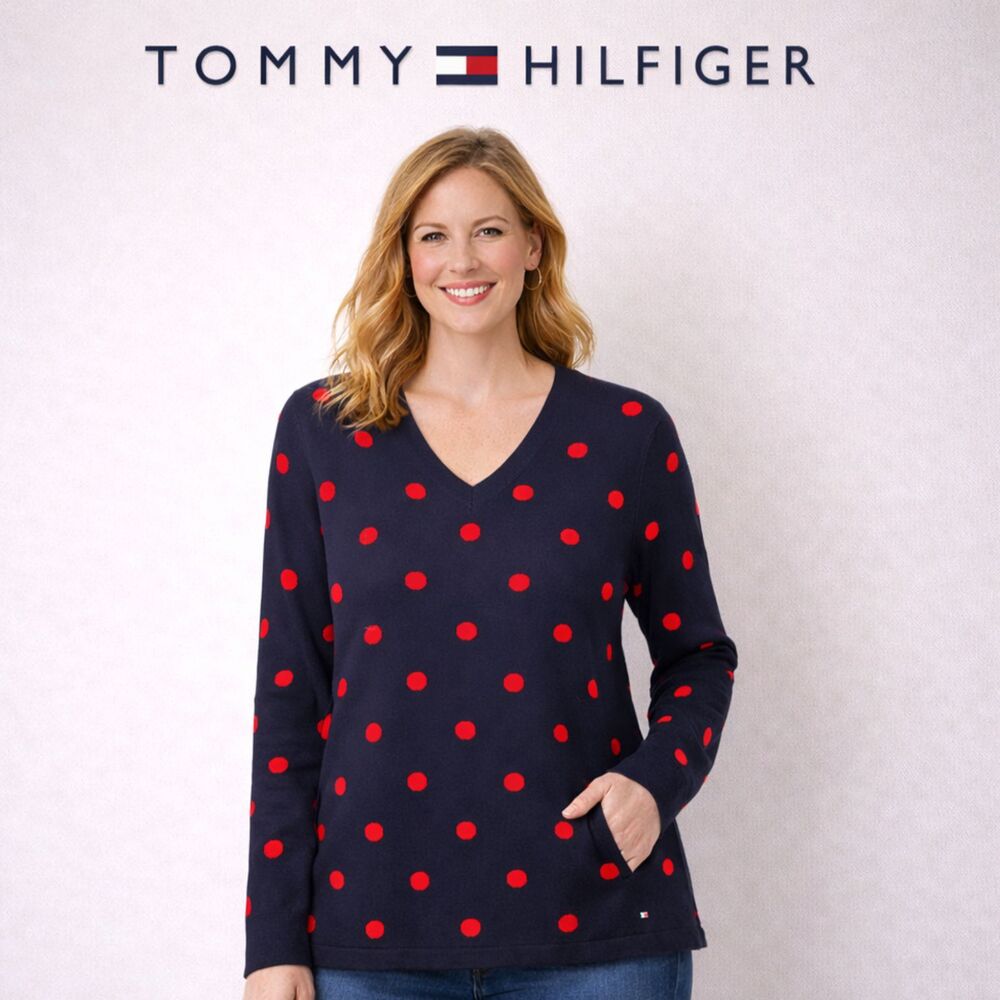 Tommy Hilfiger Navy Blue Red‎ Polka Dot Nautical Sweater XL Preppy Classic Knit